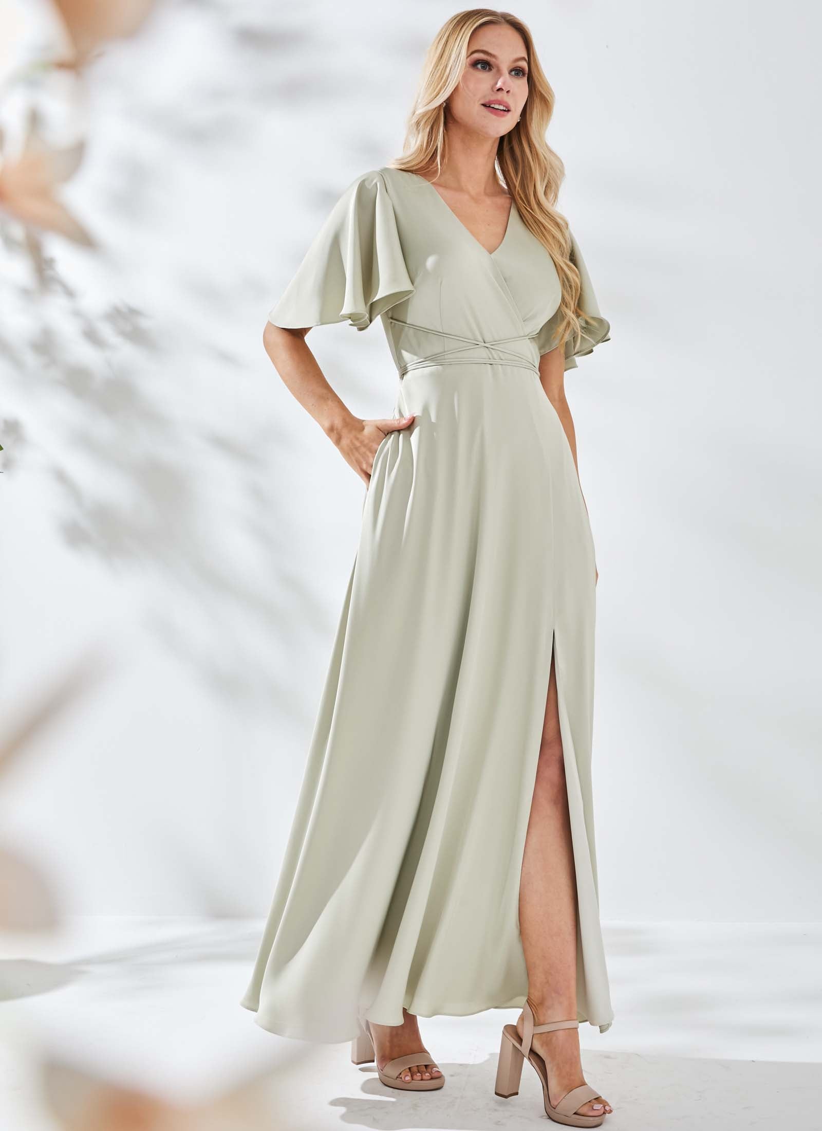 ariana bridesmaid dress TFNC Bridesmaid Ariana flutter sleeve v neck dress in dusty pink Size US 10