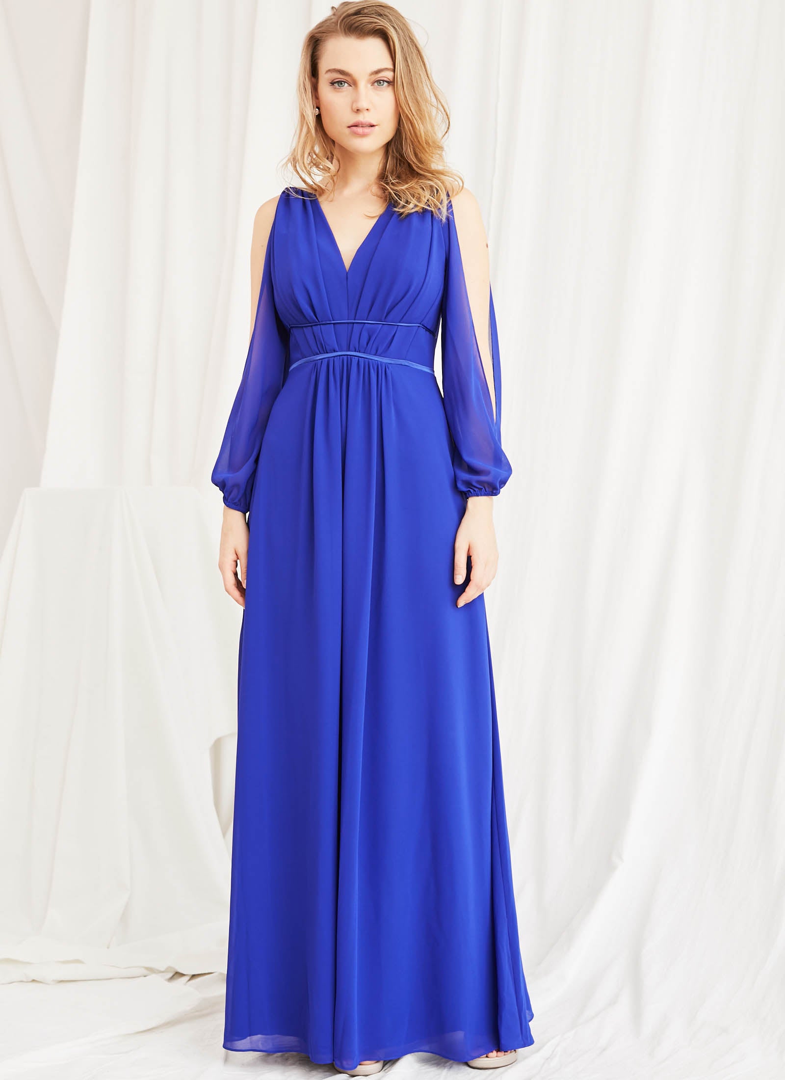 grecian dress blue Grecian Neck Beaded Navy Prom Dresses Tulle Ball Gown with Hollow Back –  loveangeldress main image 1