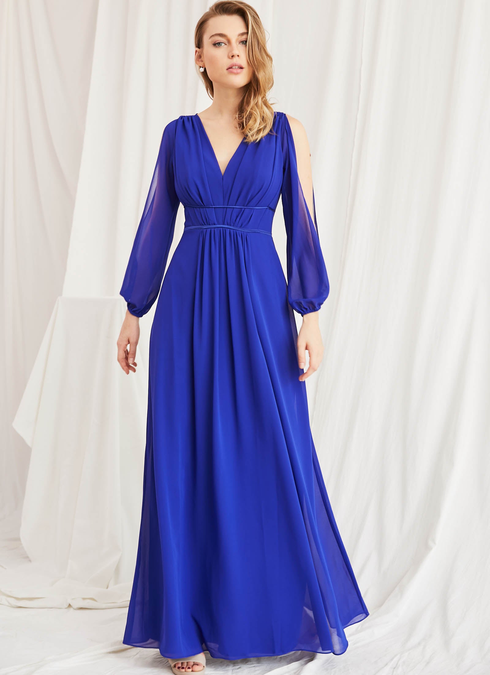Grecian Sleeved Dress - Cobalt Blue