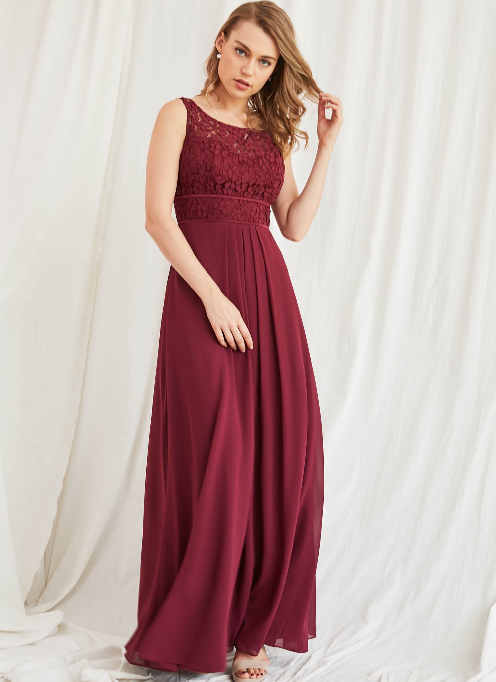 Lace Bateau Dress, Merlot Red