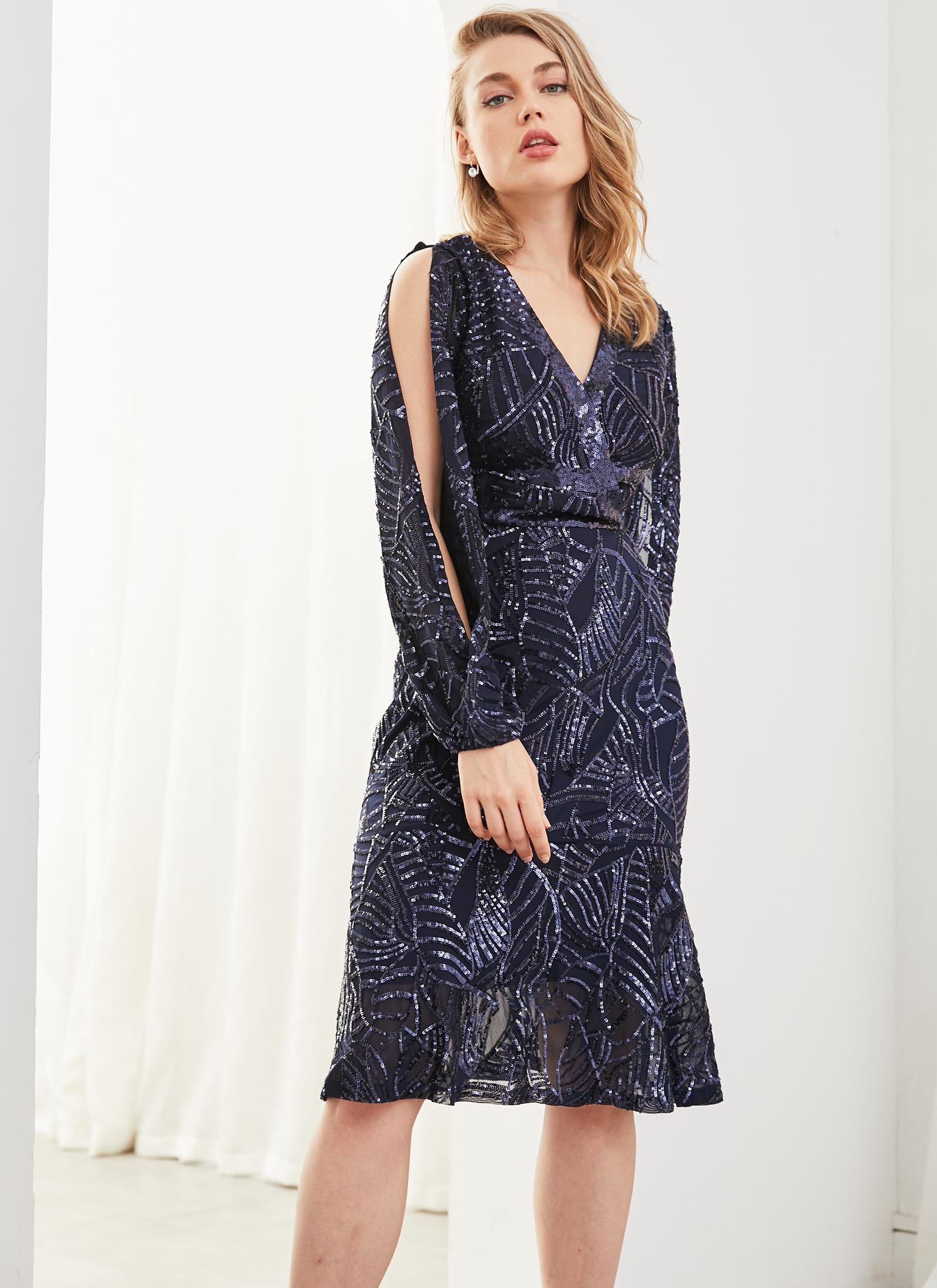 Luminescence Sequin Sleeve Dress, Navy