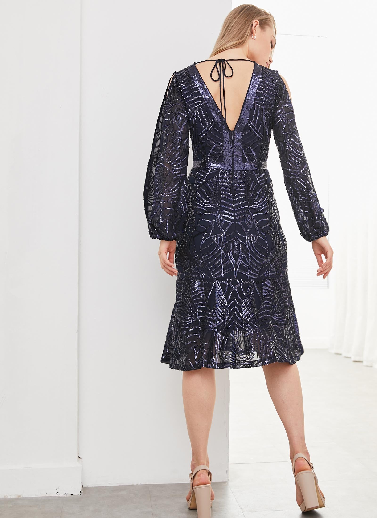 Luminescence Sequin Sleeve Dress, Navy