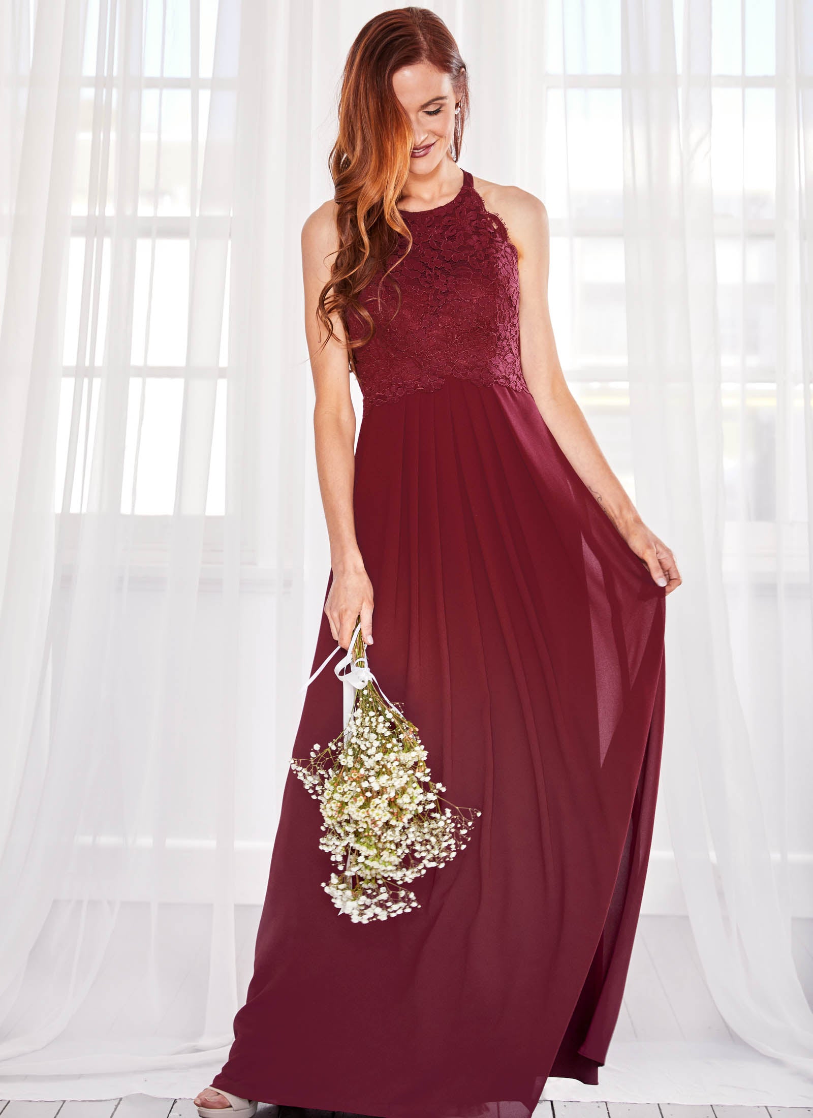 Graced by Lace Dress, Merlot Red