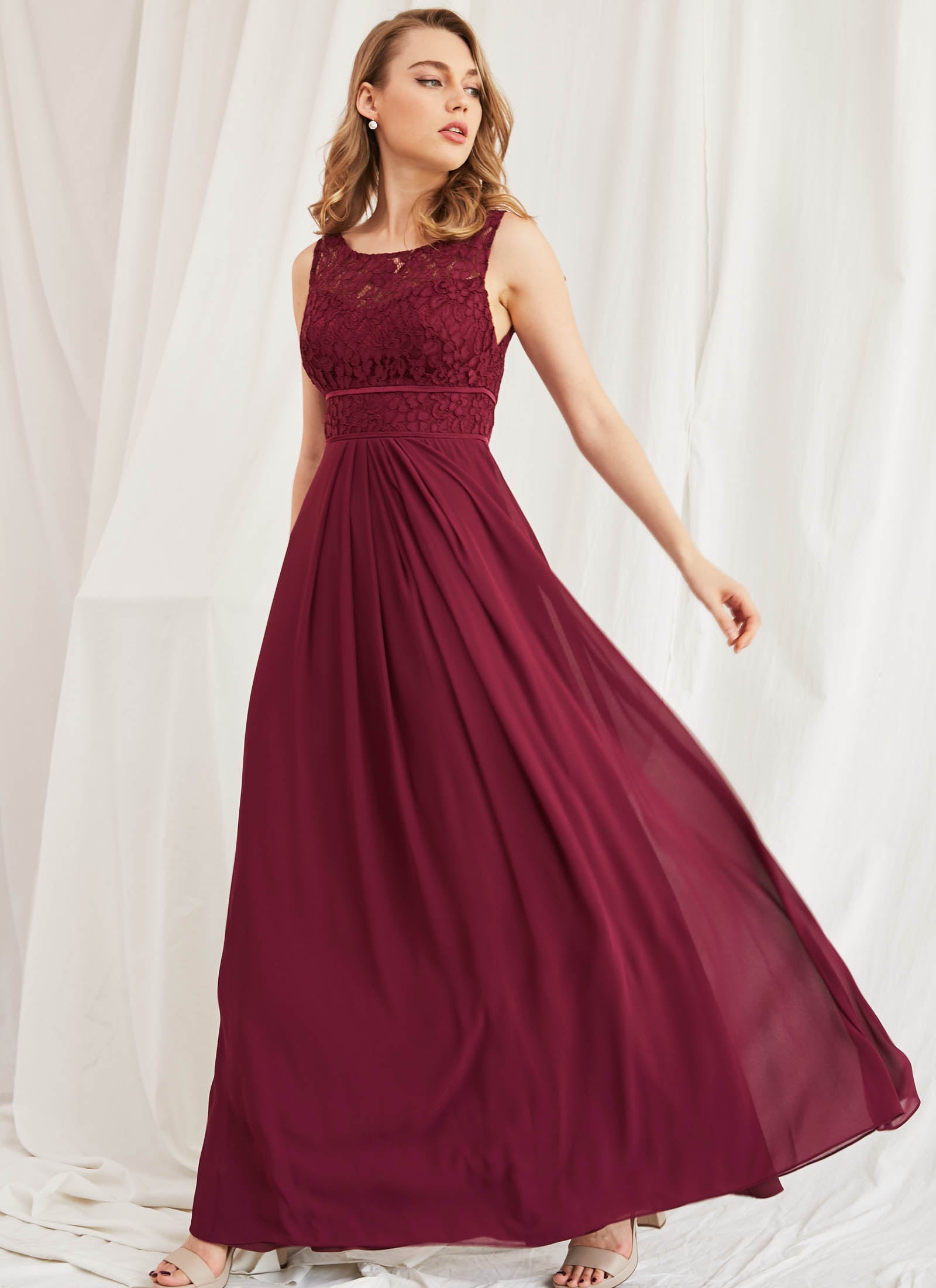 Lace Bateau Dress, Merlot Red