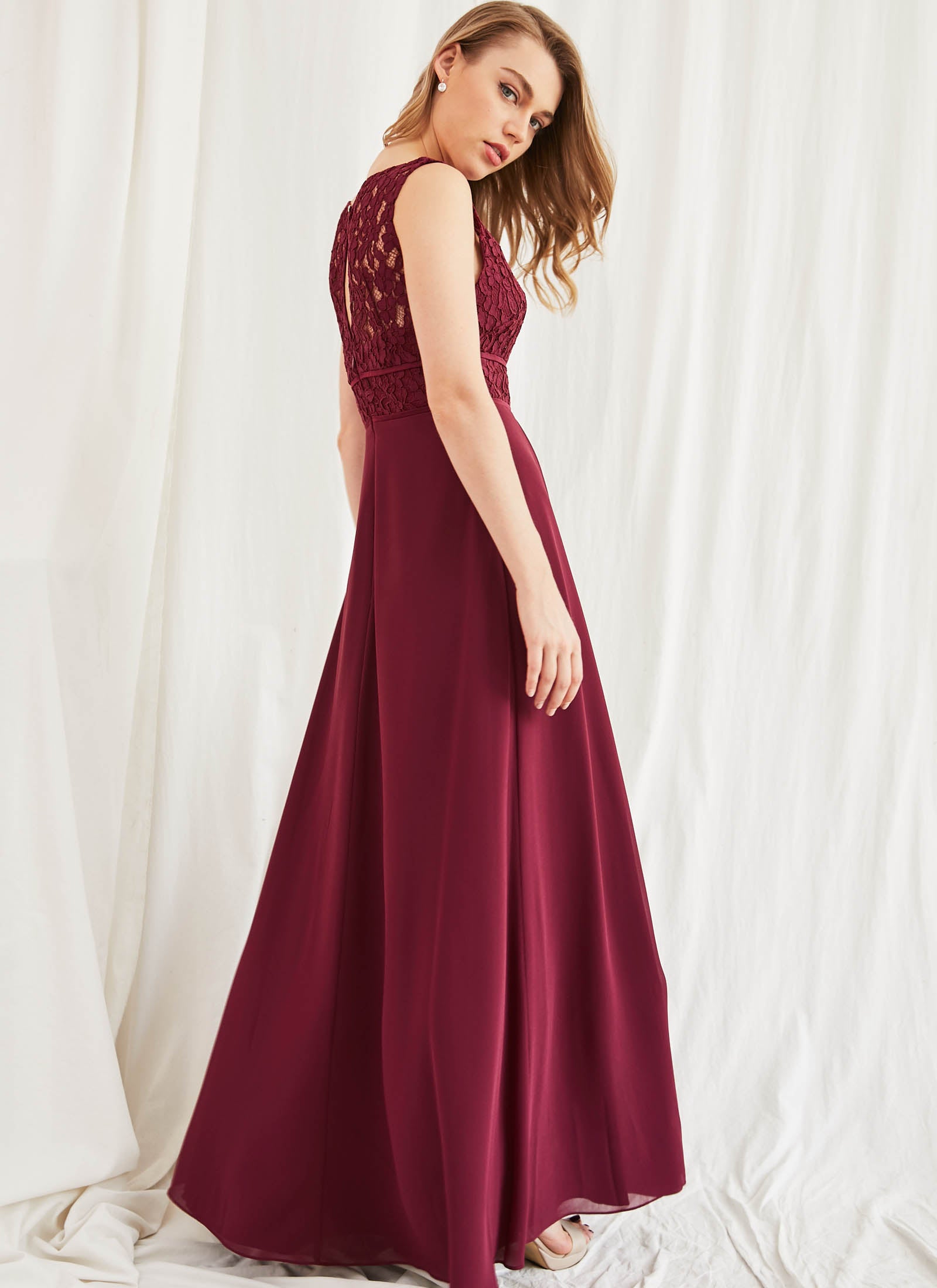 Lace Bateau Dress, Merlot Red